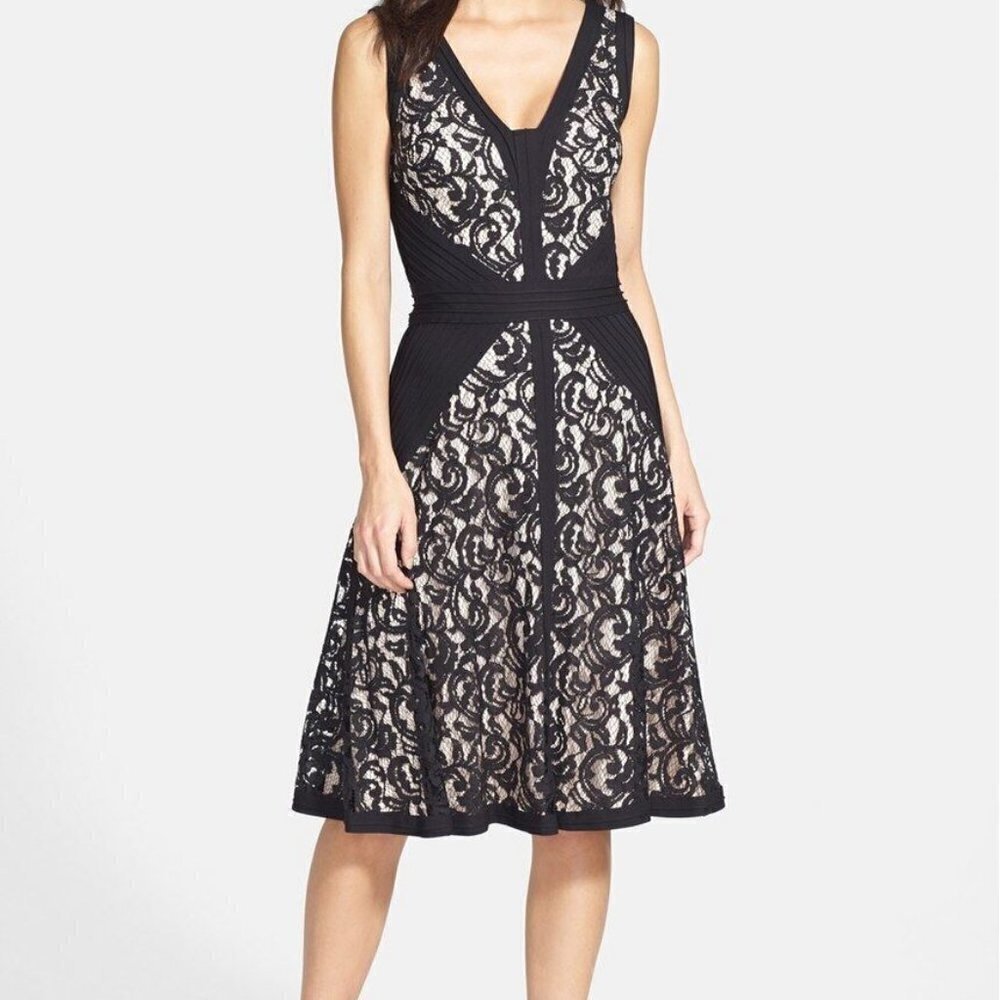 Tadashi Shoji Stretch  Lace & Jersey Fit & Flare Dress in Nude/ Black NWOT